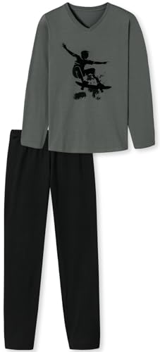 Jungen Schlafanzug lang Skater, aus 100% Baumwolle, Oberteil in der Farbe Graphit mit Skater Motiv und schwarzer Langer Hose - Grösse 152