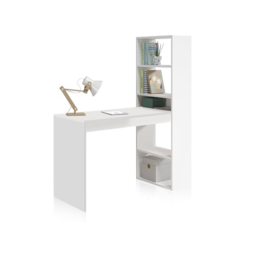 Wendbarer Schreibtisch mit Bücherregal mit fünf Regalen, Farbe Weiß, Maße 120 x 144 x 53 cm