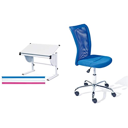 Inter Link Schreibtisch Schülerschreibtisch ergonomisch aus Metall und MDF in Weiss pink und blau & Kinderdrehstuhl Bürostuhl Drehstuhl Metall Bezug Mesh Blau 43 x 56 x 88-98 cm