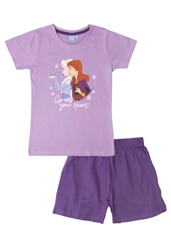 Disney Frozen - Die Eiskönigin Schlafanzug für Mädchen - Kinder Pyjama Set Kurzarm Oberteil mit Hose Lila (DE/NL/SE/PL, Numerisch, 122, 128, Regular, Lila)