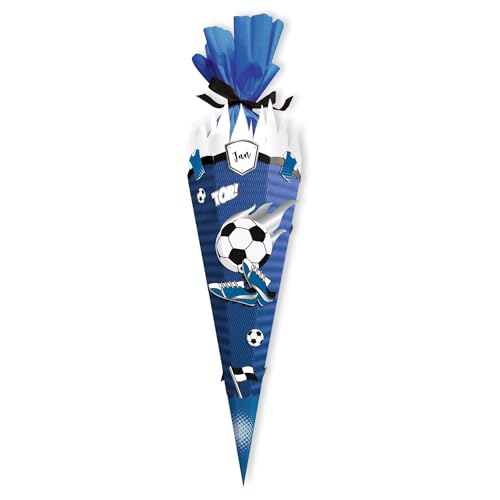 itenga SCHULTÜTEN Bastelset FUSSBALL 68cm - 3D Wellpappe - für echte Fussball Fans in den Farben deines Lieblingsvereins (Schultüte blau - Deko blau weiß)