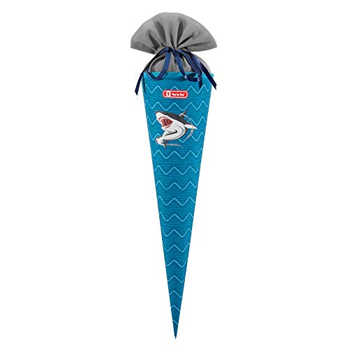 Step by Step Schultüte „Angry Shark“, blau, passend zum Schulranzen, aus recycelten PET-Flaschen, Verschluss aus Stoff, 5 l Füllvolumen, 70 cm Höhe