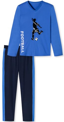 Jungen Schlafanzug lang Fussball, aus 100% Baumwolle, Oberteil in der Farbe blau mit Fussball Motiv und dunkelblau/blau gestreifter Hose - Grösse 152