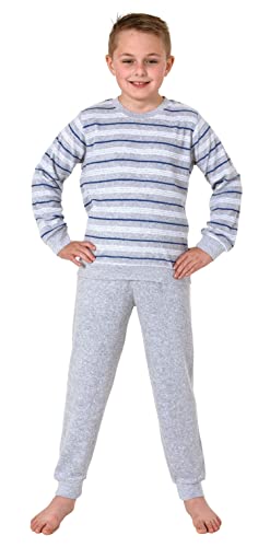Normann Jungen Frottee Schlafanzug Pyjama Langarm mit Bündchen in Streifenoptik, Farbe:grau, Größe:140