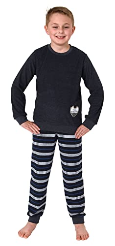 Normann Cooler Jungen Frottee Langarm Schlafanzug Pyjama mit Bündchen und Fussball-Motiv, Farbe:Marine, Größe:152