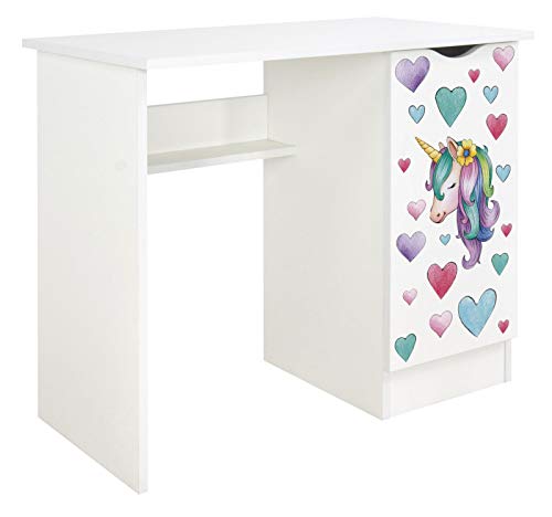 Leomark Weiß Kinderschreibtisch - Roma - Gemütlich Schreibtisch für Kinder mit Regal, Möbel für Kinderzimmer, Höhe: 77 cm (Unicorn)