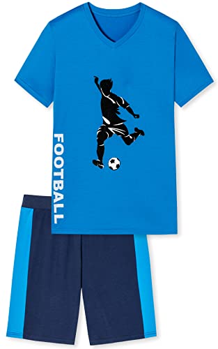 In One Clothing Jungen Schlafanzug mit Bermuda Hose und Fussball oder Skateboard Motiv (152, Fussball blau 1)
