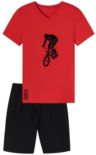 Jungen Schlafanzug kurz, aus 100% Baumwolle, mit V-Ausschnitt, BMX Rider Motiv und Hose in Bermuda Form, in der Farbe rot/schwarz - Grösse 152