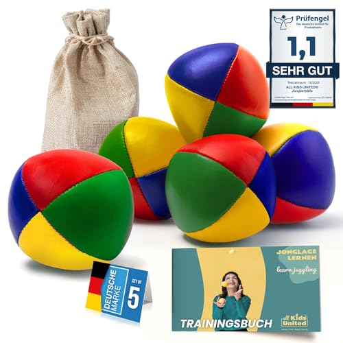 all Kids United® Jonglierbälle im 5er Set; Professionelles Jonglierball-Set im Jute-Beutel; Weiche Juggling Balls für Anfänger & Fortgeschrittene mit Gratis E-Book zum Trainieren