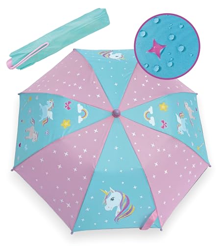 HECKBO Regenschirm Kinder Einhorn Magic für Jungen und Mädchen – Farbwechsel bei Regen – Taschenschirm - passt in jeden Schulranzen – Sturmfest - 360° Reflektoren - Kinder Geschenke
