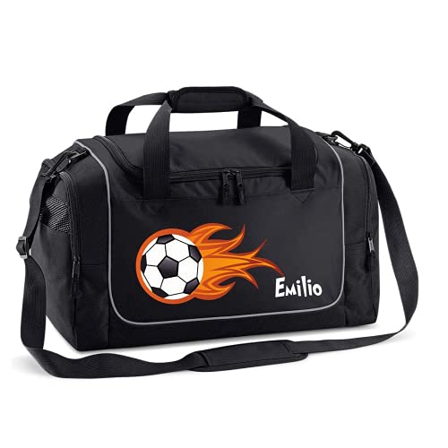 Mein Zwergenland Sporttasche Kinder personalisierbar 38L, Kindersporttasche mit Name und Feuerball Bedruckt in Schwarz