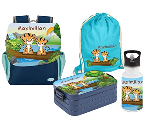 Mein Zwergenland | Personalisiertes Kindergartenrucksack-Set | Happy Knirps Next Print | Kinderrucksack, Lunchbox Maxi, Trinkflasche, Turnbeutel mit Name | Blau | Tiger