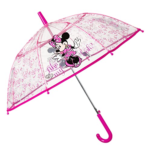 PERLETTI Transparent Regenschirm Minnie Mouse für Mädchen - Disney Stockschirm Pink mit Minni Maus für Kinder 4 5 6 Jahren - Kinderregenschirm Automatik für Kleinkind - Durchmesser 74 cm (Rosa)