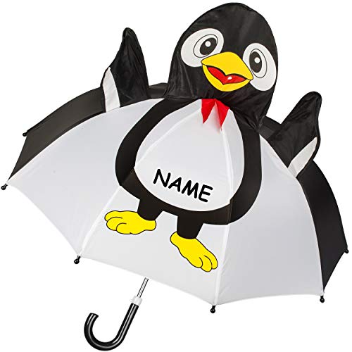 alles-meine.de GmbH 3D Effekt - Kinderschirm / Regenschirm - lustiger Pinguin - inkl. Name - Ø 75 cm - Kinder - Stockschirm - groß mit Griff - Einklemmschutz - Regenschirme - für..