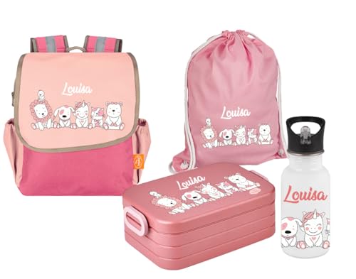 Mein Zwergenland Set 5 Kindergartenrucksack mit Brotdose, Turnbeutel und Trinkflasche Happy Knirps NEXT mit Name Pink (Tiere Party)
