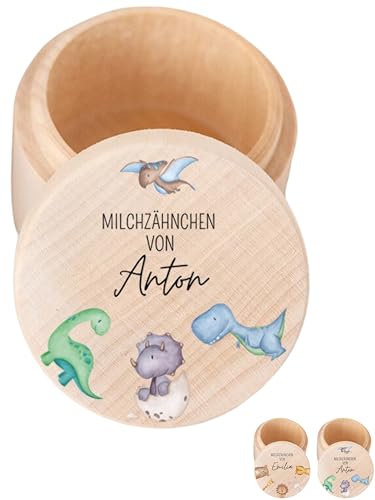 wunderwunsch - Milchzahndose personalisiert aus Holz mit kinderfreundlichem UV-Druck - Zahndose Milchzähne als Erinnerung an die ersten Zähnchen (Dinosaurier)