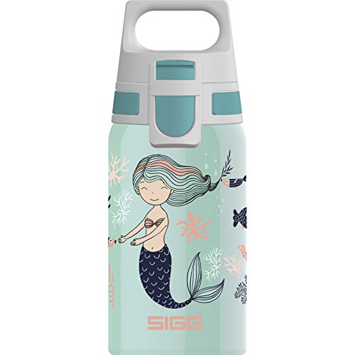 SIGG Shield One Atlantis Kinder Trinkflasche (0.5 L), Edelstahl Kinderflasche mit auslaufsicherem Deckel, einhändig bedienbare Wasserflasche, Türkis