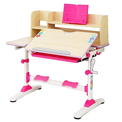 Style home Kinderschreibtisch Schülerschreibtisch höhenverstellbar neigbar Schreibtisch für Kinder, inkl. Bücherregal und Schublade, BTH: 95,9 x 53 x 84-109 cm (Rosa)