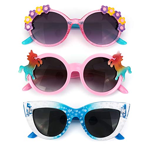 Hifot 3 Stück Einhorn Sonnenbrille für Mädchen, Kunststoffrahmen Rund Schnee Katzenauge Polarisiert Brille, Rave Party Dress up Brille für Kinder Alter 3-10