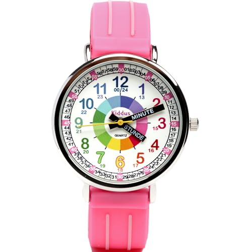 Kiddus Lern Armbanduhr für Kinder, Jungen und Mädchen. Analoge Armbanduhr mit Zeitlernübungen. Zeit Lehrer. Time Teacher. Minuten und Stunden Beschriftet. Rosa