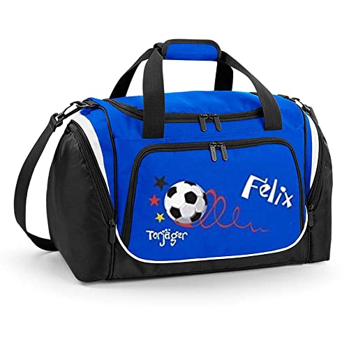 Mein Zwergenland Sporttasche Kinder personalisierbar mit Schuhfach, Kindersporttasche 39L mit Name und Torjäger Bedruckt in Royal Blau