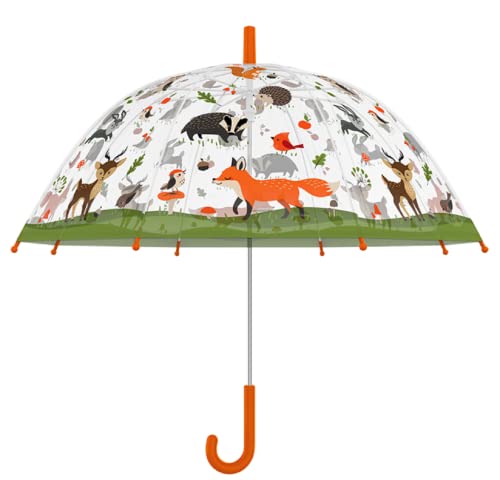 Esschert Design Kinder Regenschirm transparent mit WALDTIEREN und orangem Griff