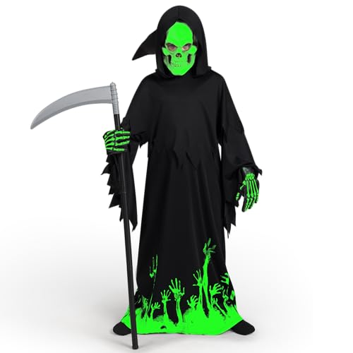 Spooktacular Creations - Sensenmann Kostüm Kinder, enthält Sensenmann Robe, Maske, Handschuhe und Sense, halloween kostüm sensenmann, Halloween Grim Reaper, Karneval, Mottoparty, S (5-7 Jahre).