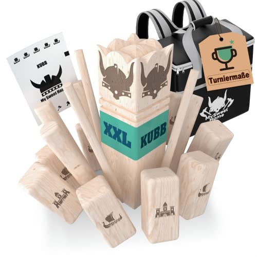 LumbrSports XXL Kubb Spiel [Premium] Holz Wikinger Spiel aus Gummibaum Holz – Kubb Hartholz für Erwachsene - mit praktischer Tragetasche