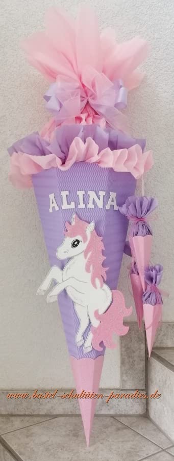 Schultüten Bastelset Einhorn Pony flieder-rosa-weiß-Glitter mit 3 kleinen Tüten zum Anhängen MaterialType 3D Wellpappe-Rohling