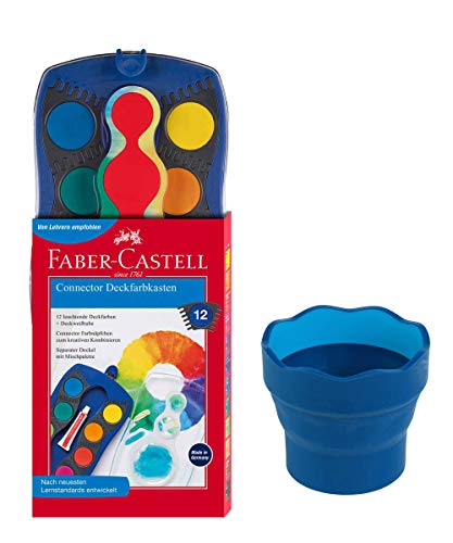 Faber-Castell 125001 - Farbkasten Blau Connector, 12 Farben (12er Farbkasten & Wasserbecher)