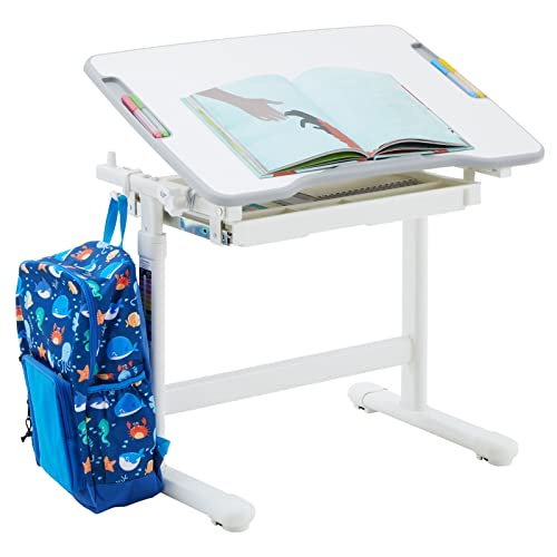 CARO-Möbel Kinderschreibtisch VITA in weiß/weiß höhenverstellbar und neigbar, Schreibtisch für Kinder mit Schublade, Tisch mit Rinne für Stifte und Rucksackhalterung