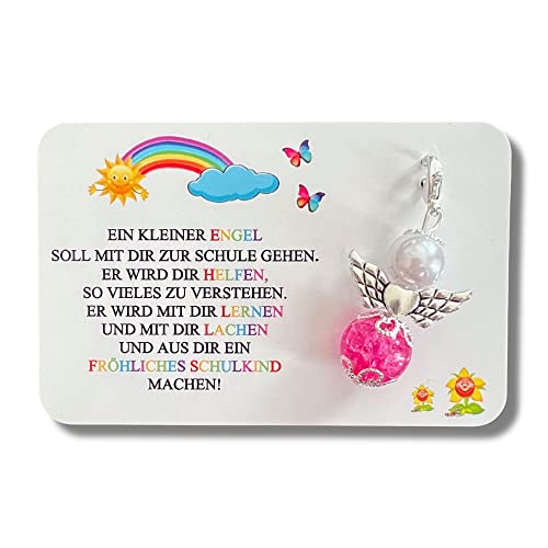 Schulkind 2024 Schutzengel Geschenk Ein kleiner Engel soll.. Mutmacher Glücksbringer Einschulung Schultüte Zuckertüte Karte (Pink)