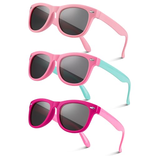 Utensilsto 3 Stück Sonnenbrille Kinder Polarisiert Flexible Sonnenbrille Silikon Rahmen Sonnenbrille Für Jungen Mädchen 2-12 Jahre(Pink+Red)