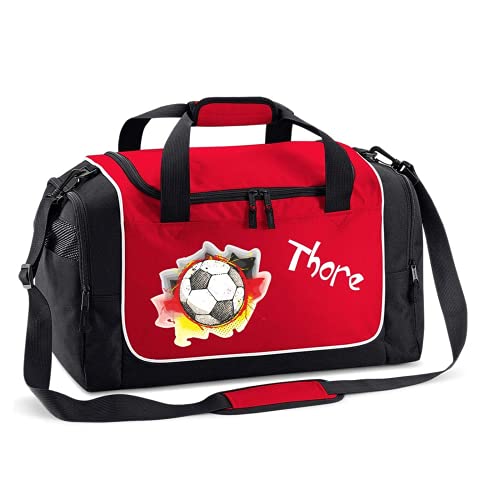 Mein Zwergenland Sporttasche Kinder personalisierbar 38L, Kindersporttasche mit Name und Fußball Bedruckt in Rot