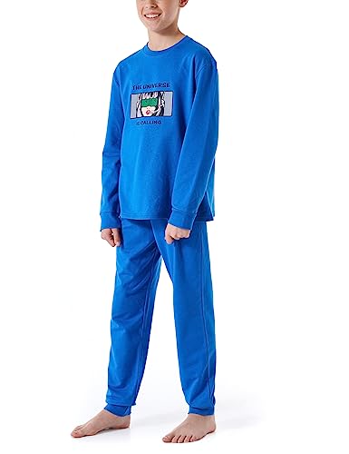 Schiesser Jungen Schlafanzug Set Pyjama warme Qualitäten Frottee-Fleece-Interlock-Größe 140 bis 176 Pyjamaset, blau_179996, 152