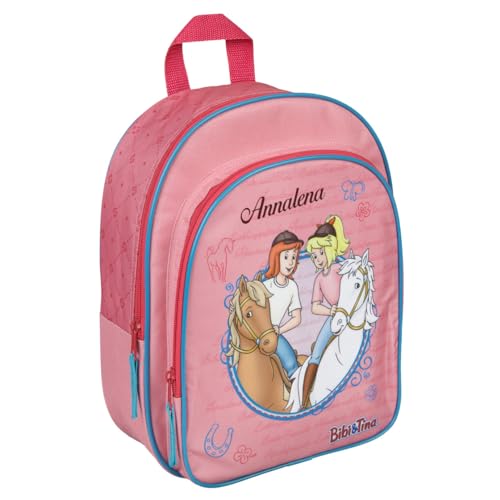 Undercover Kindergartenrucksack Bibi & Tina Mädchen - Personalisiert mit Name - Mädchenrucksack mit Vortasche Pferde rosa - 2 Fächer 25x31x10 cm