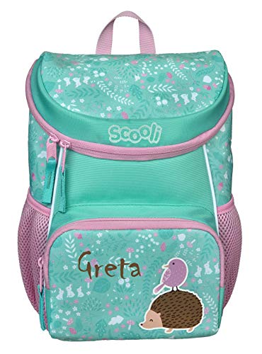 Mini-Me Kindergartenrucksack 3 - 6 Jahre mit Namen bedruckt | Motiv Igel & Vogel in Pastellgrün für Mädchen | kleiner Rucksack mit Brustgurt gepolstert (Ida Igel)