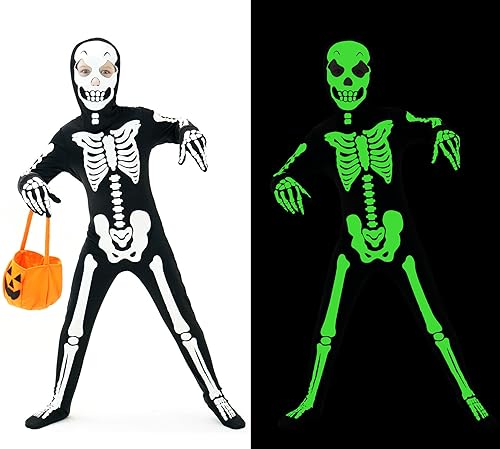 Halloween Skelett Kostüm Kinder Jungen Leuchtend, Halloweenkostüm Karneval Kostüm Mädchen mit Sturmhaube Tasche für Süßigkeiten, Kinderkostüme für Fasching Cosplay Mottoparty, S (5-7 Jahre)