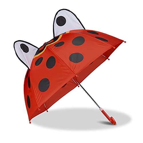 Relaxdays 10022286_766 Kinderregenschirm mit 3D Marienkäfer, Regenschirm für Mädchen und Jungen, Stockschirm mit Punkten, rot