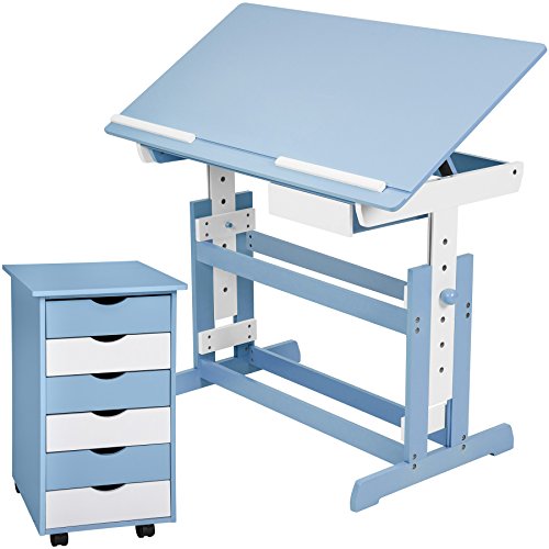 TecTake 800062 Schreibtisch mit Rollcontainer, Schreibtisch neig- & höhenverstellbar, Rollcontainer mit 6 Schubladen (Blau | Nr. 401241)