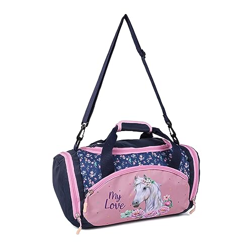 Umhängetasche Sporttasche für Mädchen Kinder Reisetasche mit Pferd Pony Motiv - 14,2 Liter - 35 x 22 x 18,5 cm, blau/rosa
