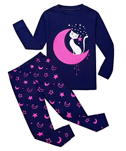 Tkiames Schlafanzug für Mädchen, 2-teiliges Set, schmale Passform, 100 % Baumwolle, Gr. 7-8 Jahre, Moon Cat