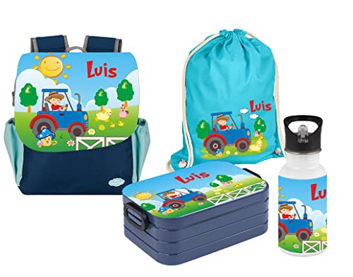 Mein Zwergenland | Personalisiertes Kindergartenrucksack-Set | Happy Knirps Next Print | Kinderrucksack, Lunchbox Maxi, Trinkflasche, Turnbeutel mit Name | Blau | Traktor