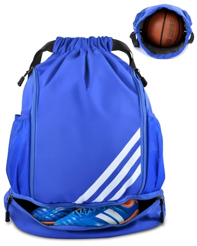 BROTOU Turnbeutel Fußballtasche Rucksack mit Kordelzug Sportbeutel Verstellbar Tunnelzug Gymsack Wasserfest Sporttasche für Herren Damen Kinder Jugend(Blau)