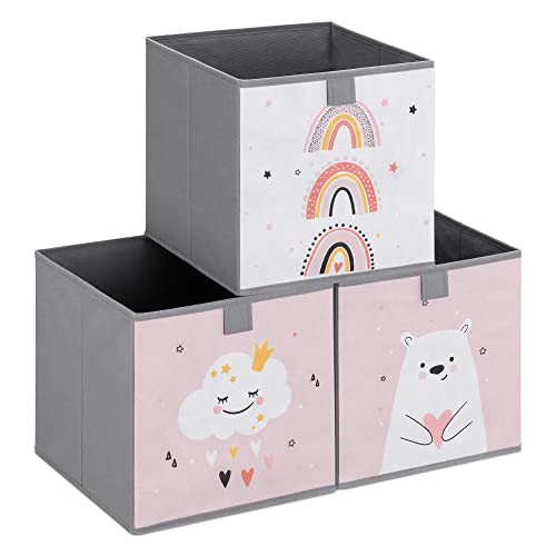 Navaris Kinder Aufbewahrungsbox 3er Set - Regal Aufbewahrung 28 x 28 x 28 cm Spielzeugkiste - 3x Spielzeug Box faltbar - Wolke Motiv Kisten mit Griff - Rosa Weiß