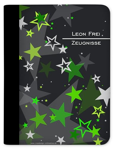 CreaDesign, Kinder Zeugnismappe personalisiert mit Namen, Zeugnis Mappe Sterne Grün, DIN A4, 26,7 x 32,7 x 1 cm, Rücken schwarz