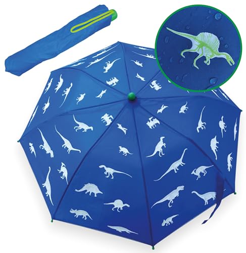 HECKBO Magischer Dinosaurier-Regenschirm für Kinder - Farbwechsel bei Regen, Kompakt & Faltbar für Schultaschen, Sicher mit 360° Reflektoren, Ergonomischer Holzgriff mit Schutzkappen & Hülle