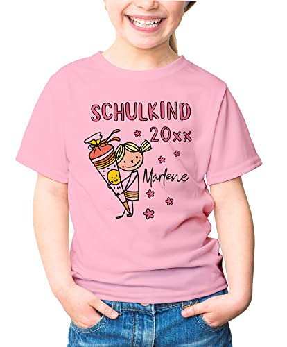 SpecialMe® Kinder Mädchen T-Shirt Einschulung mit Namen Schulkind anpassbare Jahreszahl Schultüte Strichmännchen personalisierbar Mädchen rosa 129-140 (9-10 Jahre)