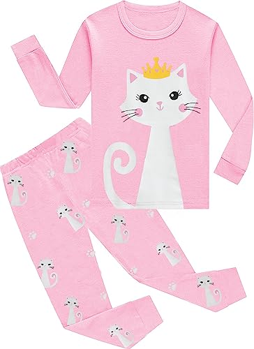 EULLA Kinder Mädchen Schlafanzüge Winter Pyjama Set Katzen Langarm Baumwolle Zweiteilig Nachtwäsche 7 Jahre alt 7# Rosa Katzen DE 122