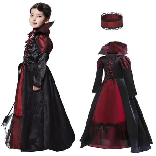 QDC Vampir Kostüm Mädchen Halloween Kostüme Kinder Gothic Vampirkostüm Prinzessin Dracula Karneval Party Fasching Kleid XL(130-140cm)